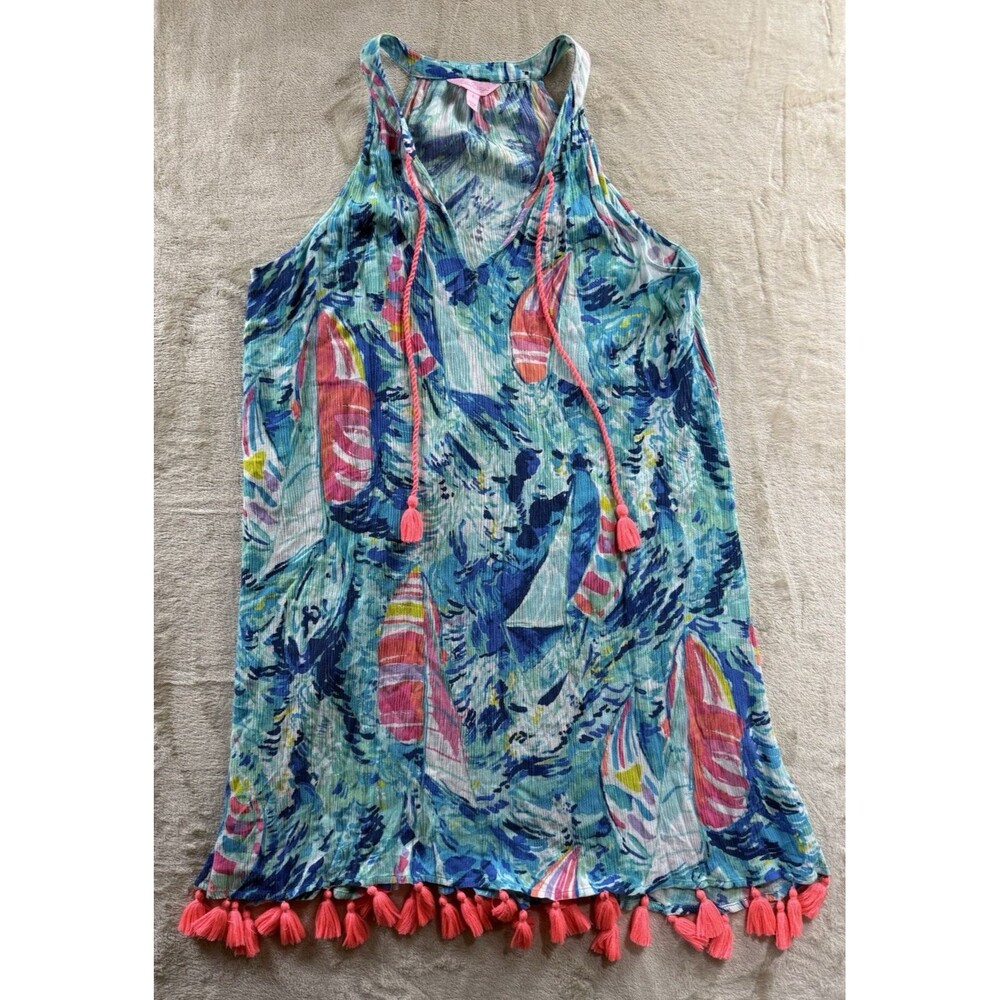 Lilly Pulitzer Size S Roxi Sparkling Blue Hey Bay Sailboat Tassel Hem Dress